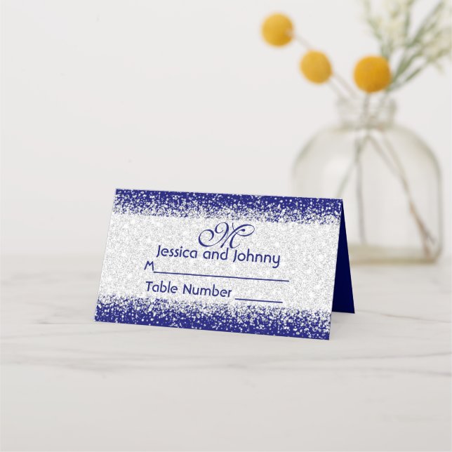 Silver Glitzer Confetti und Royal Blue Platzkarte (Vorderseite)