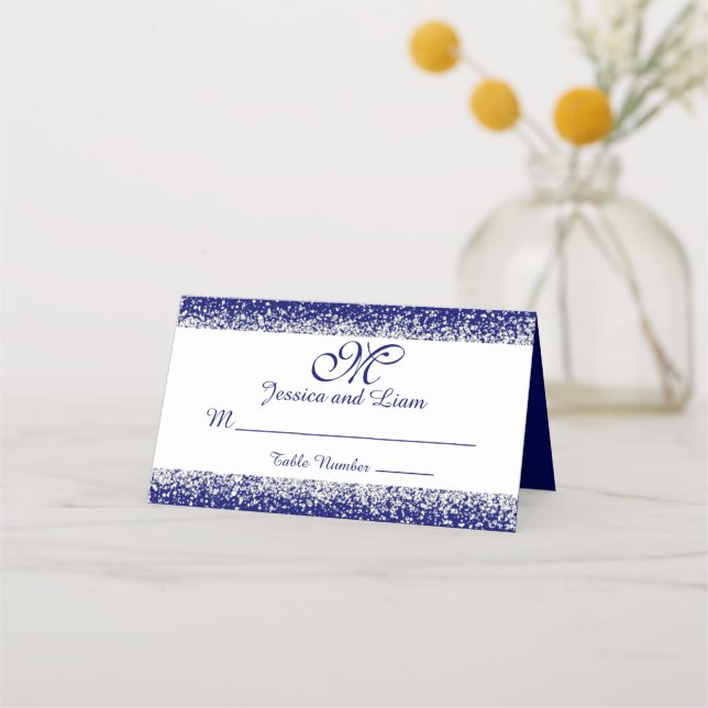 Silver Glitzer Confetti und Royal Blue Platzkarte (Vorderseite)