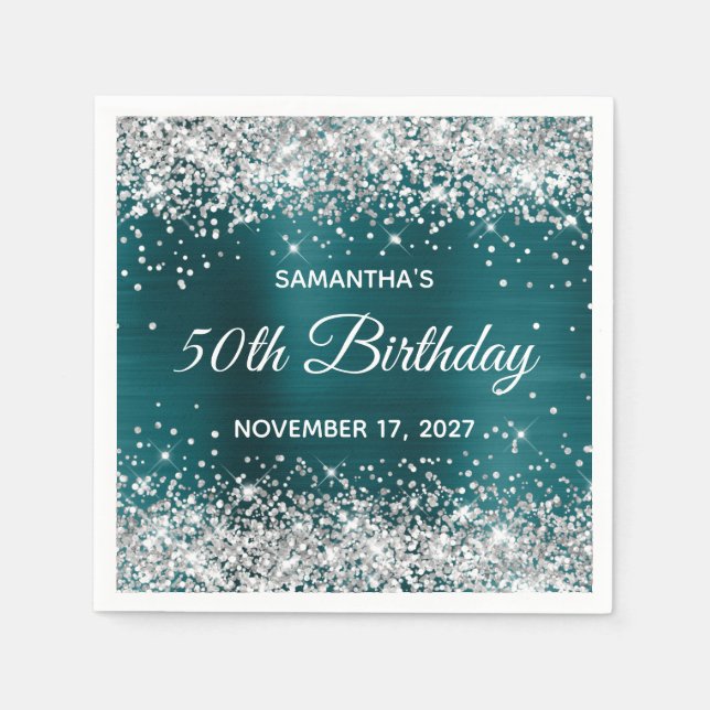 Silver Glitzer Dark Aquamarin Blue Foil 50. Geburt Serviette (Vorderseite)