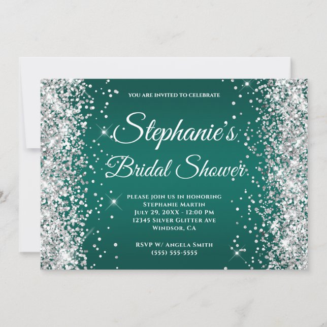 Silver Glitzer Dark Türkise Ombre Extravagant Mono Einladung (Vorderseite)