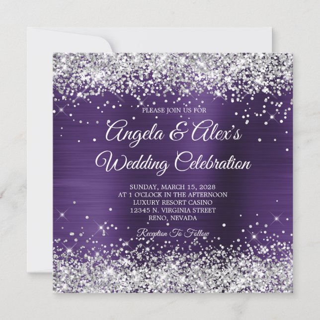 Silver Glitzer Dark Violet Foil Elegante Hochzeit Einladung (Vorderseite)