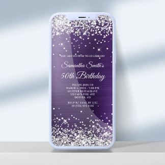 Silver Glitzer Dark Violet Lila 50. Geburtstag Einladung