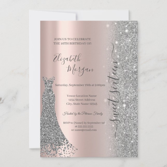Silver Glitzer Diamond Dress Rose Gold Sweet 16 Einladung (Vorderseite)