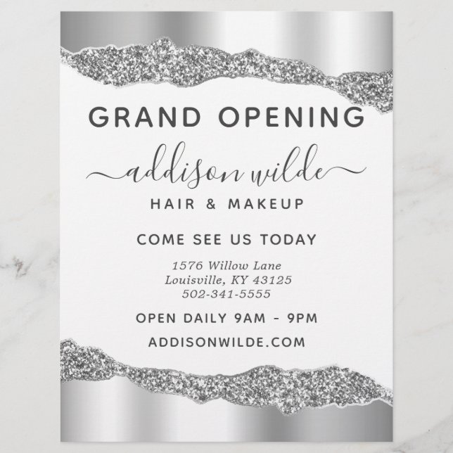 Silver Glitzer Diamond Glam Business Grand Opening Flyer (Vorne)