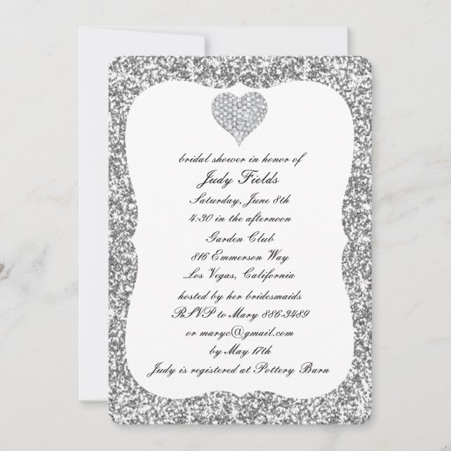 Silver Glitzer Diamond Heart Brautparty laden Einladung (Vorderseite)