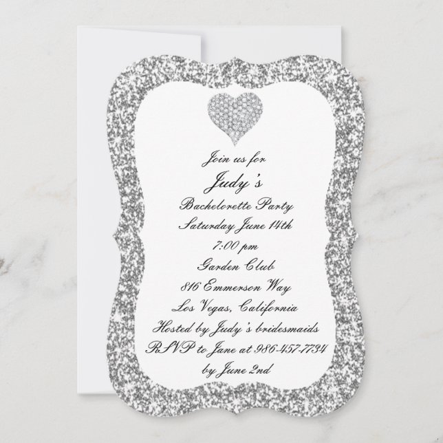 Silver Glitzer Diamond Heart Junggeselinnen-Abschi Einladung (Vorderseite)