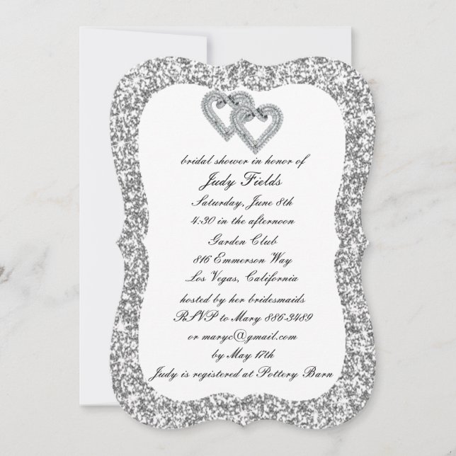 Silver Glitzer Diamond Hearts Brautparty laden ein Einladung (Vorderseite)