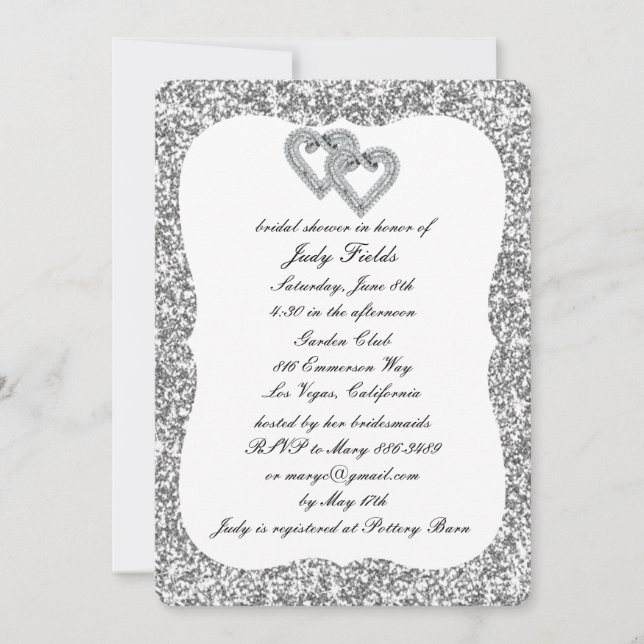 Silver Glitzer Diamond Hearts Brautparty laden ein Einladung (Vorderseite)