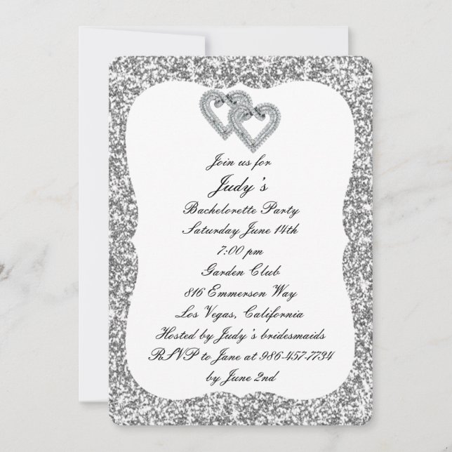 Silver Glitzer Diamond Hearts Junggeselinnen-Absch Einladung (Vorderseite)