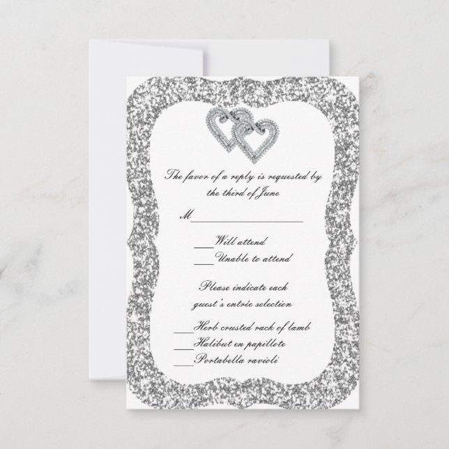Silver Glitzer Diamond Hearts Response Card RSVP Karte (Vorderseite)