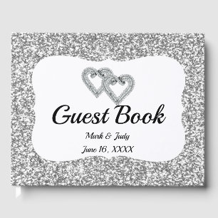 Silver Glitzer Diamond Hearts Wedding Gästebuch