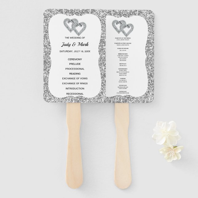 Silver Glitzer Diamond Hearts Wedding Program Fans Fächer (Vorne und Hinten)