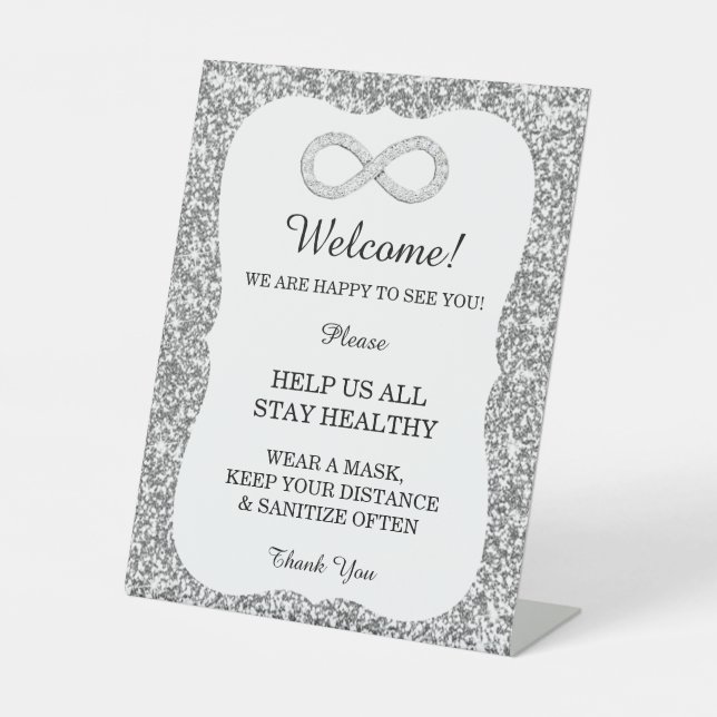 Silver Glitzer Diamond Unendlichkeit Hochzeitssich Sockelschild (Vorderseite)