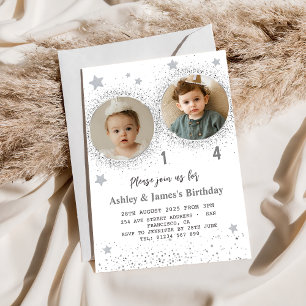 Silver Glitzer Double Birthday Kids Foto Einladung