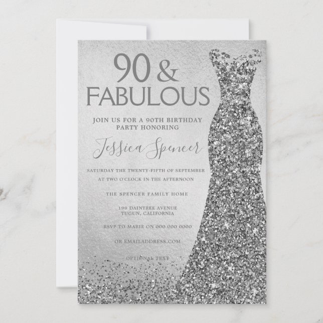 Silver Glitzer Dress 90 & fabelhafte 90. Geburtsta Einladung (Vorderseite)