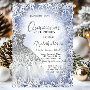Silver Glitzer Dress Blue Snowflakes Quinceanera Einladung
