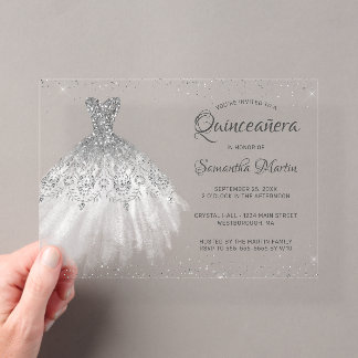 Silver Glitzer Dress Script Quinceañera Party Acryleinladungen
