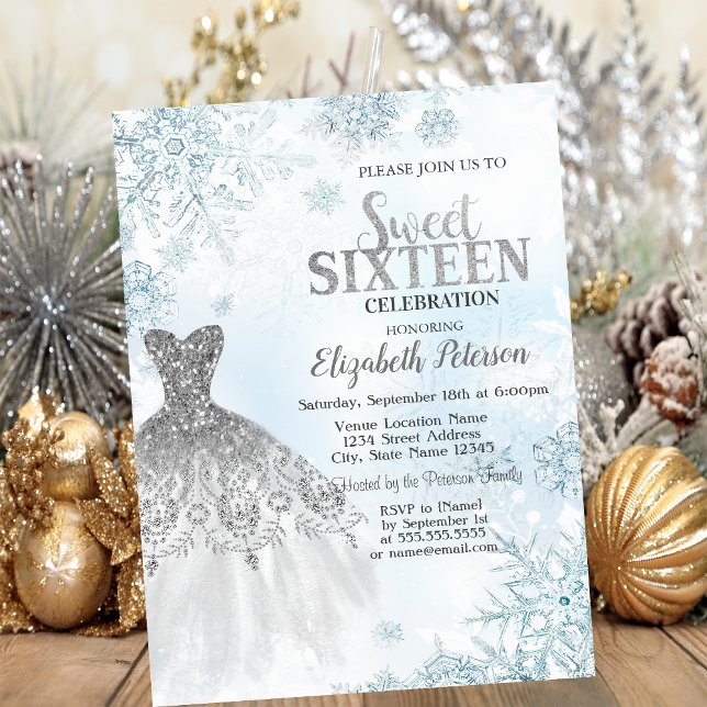 Silver Glitzer Dress Snowflakes Sweet 16 Party Einladung (Von Creator hochgeladen)