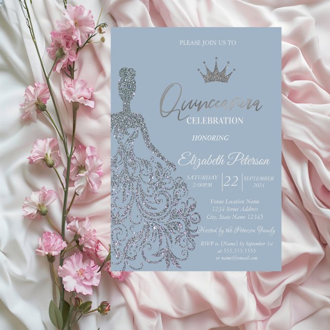 Silver Glitzer Dress Tiara Dusty Blue Quinceanera Einladung (Von Creator hochgeladen)