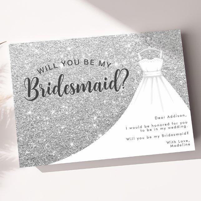 Silver Glitzer Dress wirst du meine Bridesmaid sei Einladung (Von Creator hochgeladen)