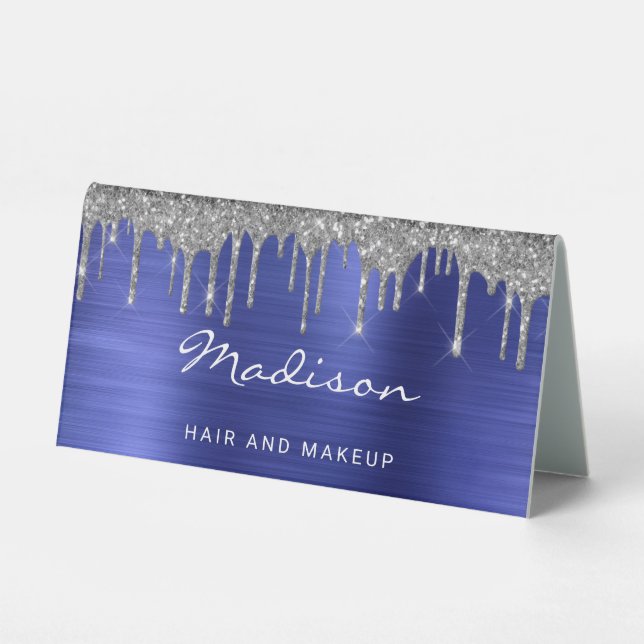 Silver Glitzer Dripping Blue Metallic Business Tischaufsteller (Vorderseite)