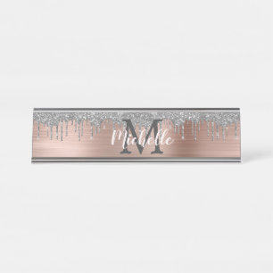 Silver Glitzer Driving Rose Gold Metal Monogram Schreibtischnamensplakette