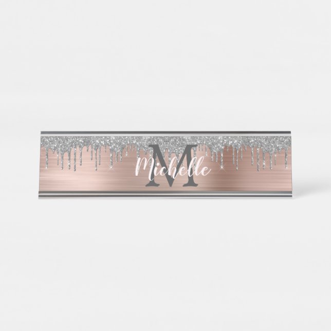 Silver Glitzer Driving Rose Gold Metal Monogram Schreibtischnamensplakette (Vorderseite )