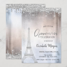 Silver Glitzer Drops Eiffelturm Quinceanera Einladung