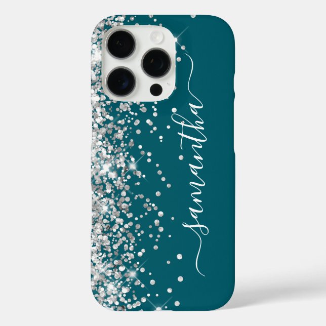 Silver Glitzer Dunkle Aquamarine Mädchensignatur iPhone 16 Pro Hülle (Rückseite)
