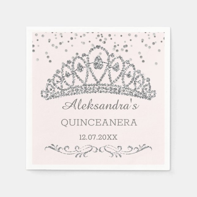 Silver Glitzer Effekt Tiara, Konfetti Quinceanera Serviette (Vorderseite)