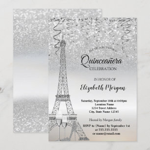Silver Glitzer Eiffel Tower, Heel, Glass Quinceañe Einladung
