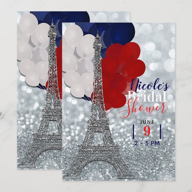 Silver Glitzer Eiffel Tower Red White Blue Party Einladung (Vorne/Hinten)