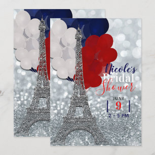 Silver Glitzer Eiffel Tower Red White Blue Party Einladung