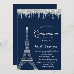 Silver Glitzer Eiffel Tower, Tropfens Quinceañera Einladung