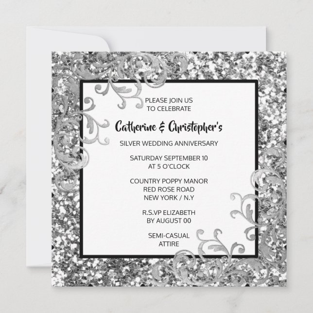 Silver Glitzer elegant florale Swirt FOTO Chic Einladung (Vorderseite)