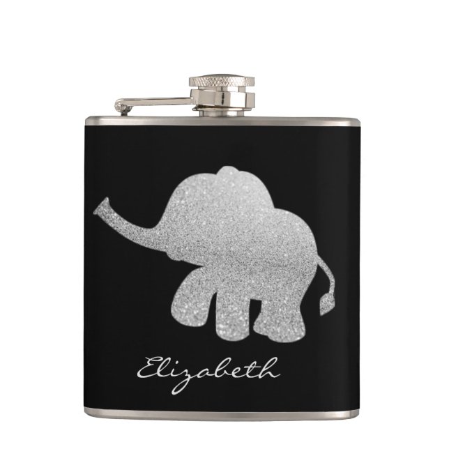 Silver Glitzer Elephant, Schwarz - Personalisiert Flachmann (Vorderseite)