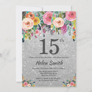 Silver Glitzer Floral 15. Geburtstag Einladung