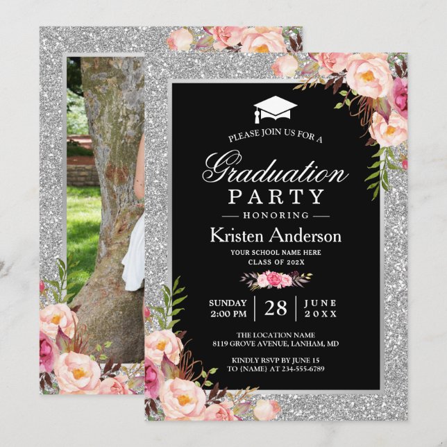 Silver Glitzer Floral Foto Graduation Party Einladung (Vorne/Hinten)