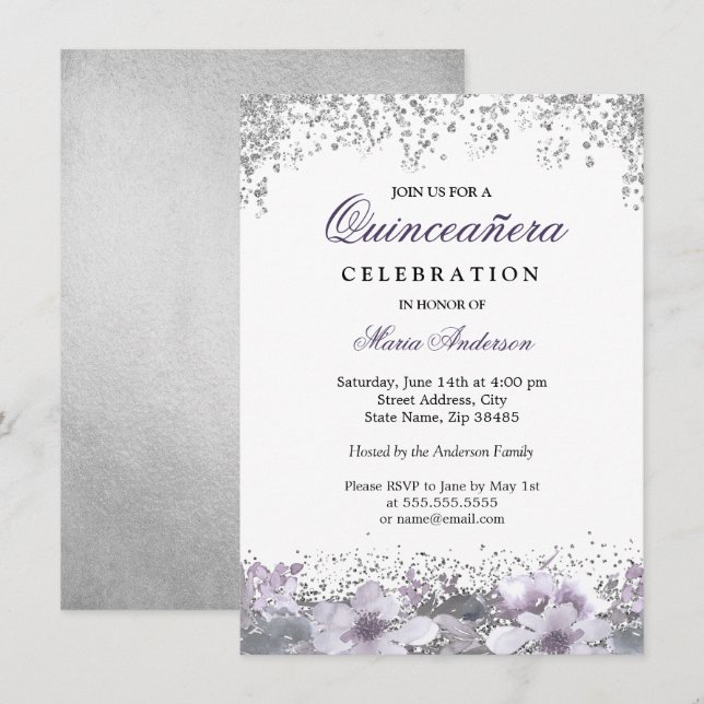 Silver Glitzer Floral Lila Quinceanera Einladung (Vorne/Hinten)