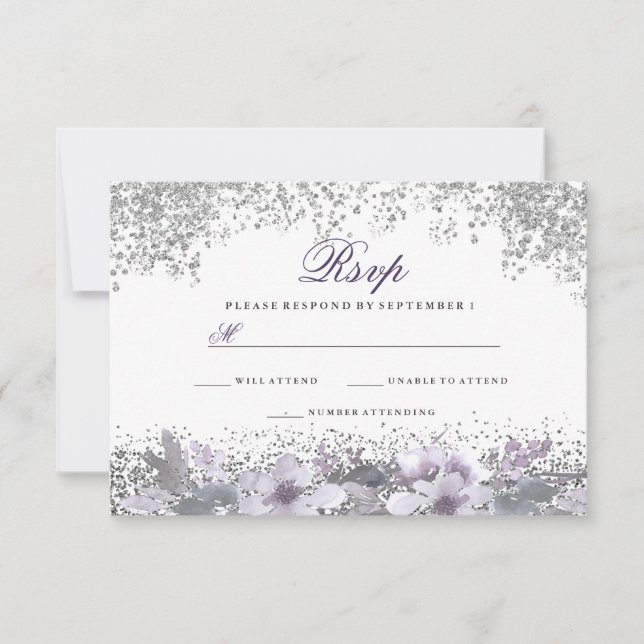 Silver Glitzer Floral Lila Wedding RSVP Karte (Vorderseite)