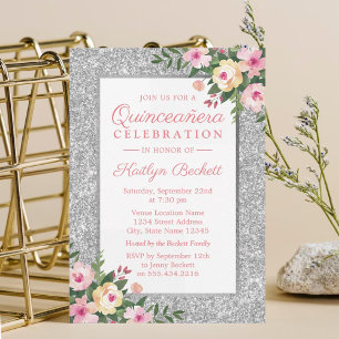 Silver Glitzer Floral Quinceañera 15. Geburtstag Einladung