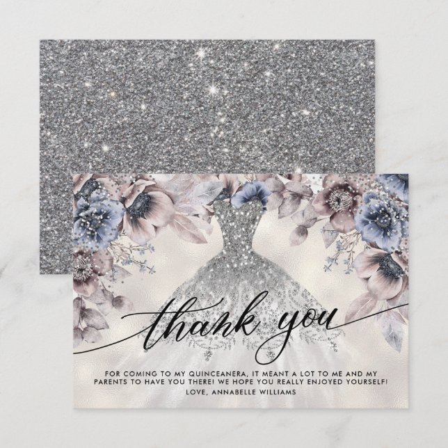 Silver Glitzer Floral Quinceañera Vielen Dank Dankeskarte (Vorne/Hinten)