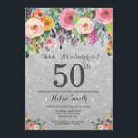 Silver Glitzer Floral Überraschung 50. Geburtstag Einladung<br><div class="desc">Silver Glitzer Floral Überraschung 50. Geburtstag Einladung für Frauen. Aquarell Floral Blume. Silberner Glitzer Hintergrund Rosa, gelb, orange, Lila Blume. Erwachsener Geburtstag. 13. 15. 16. 18. 20. 21. 30. 40. 50. 60. 70. 80. 90. 100. jedes Alter. Für weitere Anpassungen klicken Sie bitte auf die Schaltfläche "Anpassen" und verwenden Sie...</div>