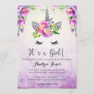 Silver Glitzer Floral Unicorn Babydusche Einladung
