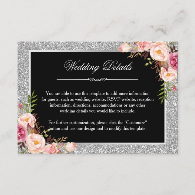 Silver Glitzer Floral Wedding Details Empfang Begleitkarte (Vorderseite)