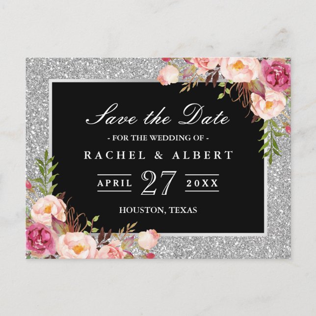 Silver Glitzer Floral Wedding Save the Date Ankündigungspostkarte (Vorderseite)