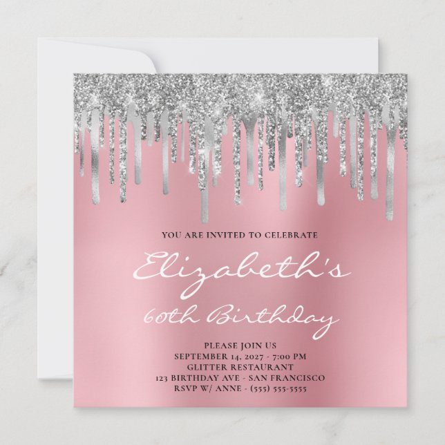 Silver Glitzer Foil Tropfens Pink Ombre 60. Geburt Einladung (Vorderseite)