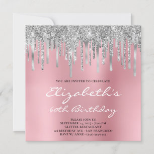 Silver Glitzer Foil Tropfens Pink Ombre 60. Geburt Einladung