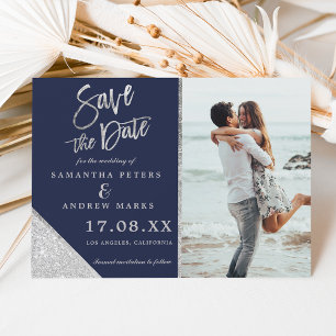 Silver Glitzer Foto Marine Save the Date blau