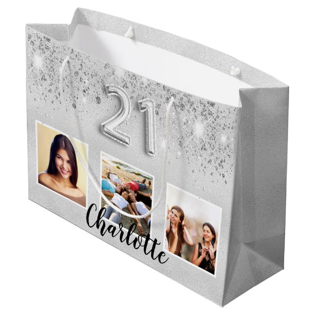 Silver Glitzer Foto Name 21. Geburtstag Große Geschenktüte (Rückseite Schrägansicht)